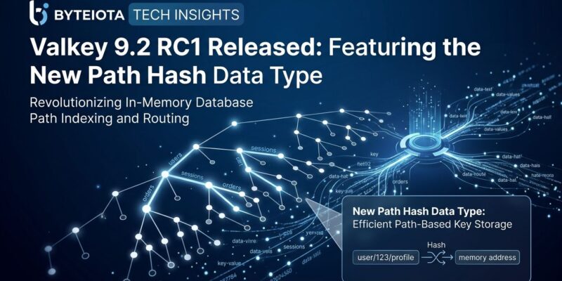 Valkey 9.2 RC1 Path Hash radix tree data type illustration with blue network nodes