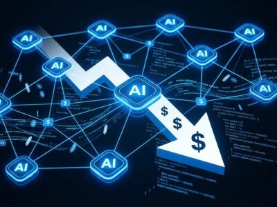 Abstract visualization of AI agent nodes with cost reduction arrow showing Claude Fable 5.1 cache pricing drop
