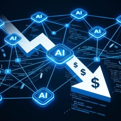 Abstract visualization of AI agent nodes with cost reduction arrow showing Claude Fable 5.1 cache pricing drop