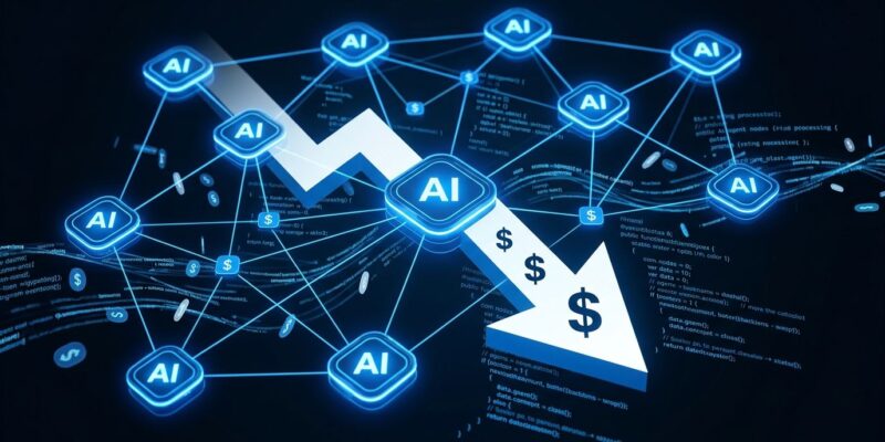 Abstract visualization of AI agent nodes with cost reduction arrow showing Claude Fable 5.1 cache pricing drop