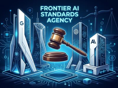 Three AI company headquarters buildings with a judge gavel symbolizing self-regulation in the Frontier AI Standards Agency