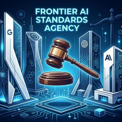 Three AI company headquarters buildings with a judge gavel symbolizing self-regulation in the Frontier AI Standards Agency