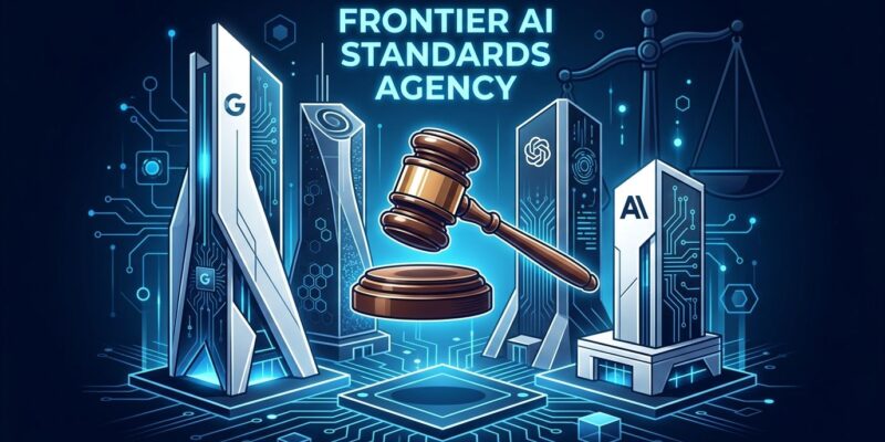 Three AI company headquarters buildings with a judge gavel symbolizing self-regulation in the Frontier AI Standards Agency