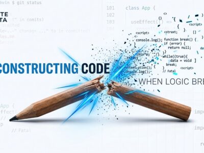 A broken pencil with code fragments scattering outward, representing DHH's declaration that hand-written code is over