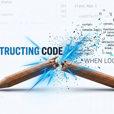 A broken pencil with code fragments scattering outward, representing DHH's declaration that hand-written code is over