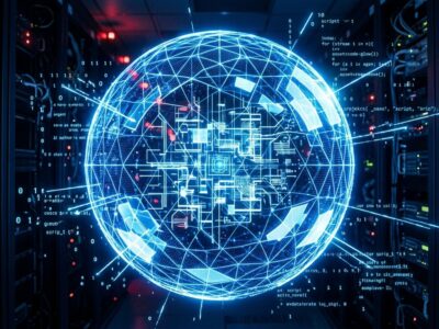 Glowing blue containment sphere representing AI agent sandbox isolation in a dark server room environment