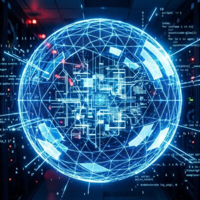 Glowing blue containment sphere representing AI agent sandbox isolation in a dark server room environment