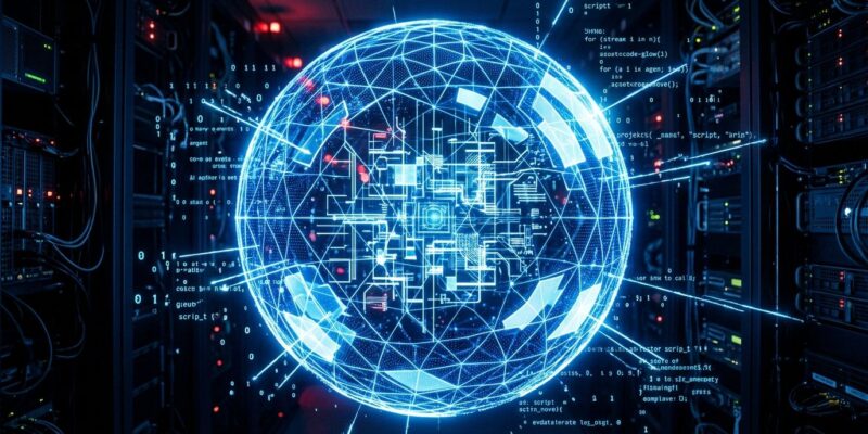 Glowing blue containment sphere representing AI agent sandbox isolation in a dark server room environment