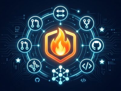 Mojo programming language flame symbol with open source contribution icons on a blue and white background