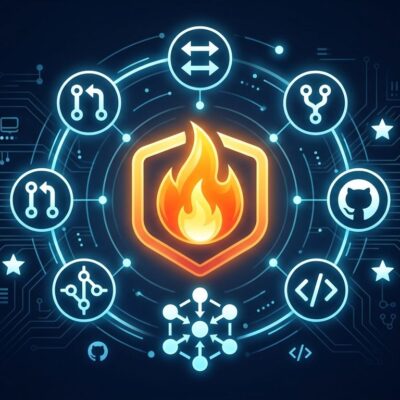 Mojo programming language flame symbol with open source contribution icons on a blue and white background