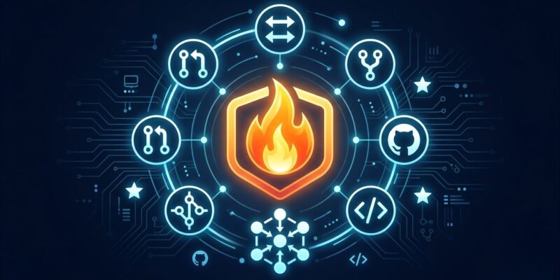 Mojo programming language flame symbol with open source contribution icons on a blue and white background