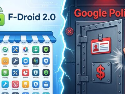 Split-screen illustration showing F-Droid open app store on left and Google identity verification lock on right representing Android sideloading policy change