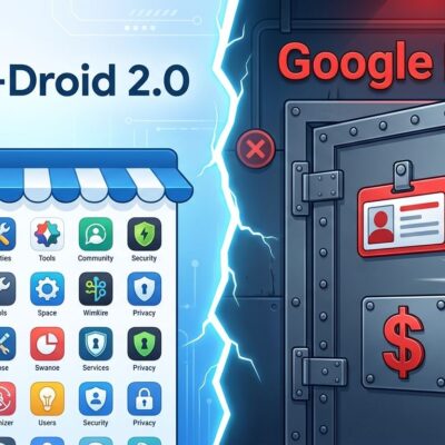 Split-screen illustration showing F-Droid open app store on left and Google identity verification lock on right representing Android sideloading policy change