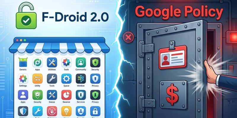 Split-screen illustration showing F-Droid open app store on left and Google identity verification lock on right representing Android sideloading policy change