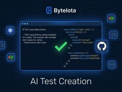 Testkube AI Test Creation workflow showing plain language test generation running inside Kubernetes cluster with GitHub PR integration
