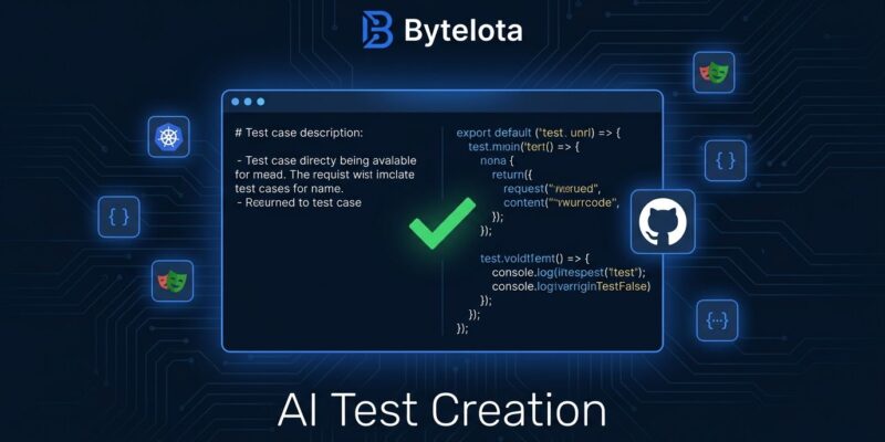 Testkube AI Test Creation workflow showing plain language test generation running inside Kubernetes cluster with GitHub PR integration