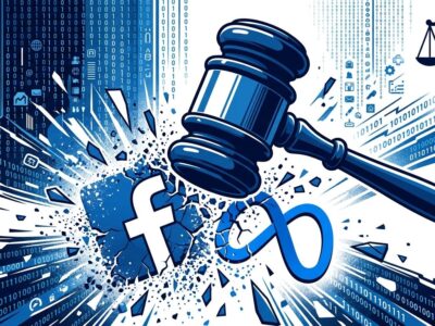 Court gavel striking Meta and Facebook logos with digital data streams, representing Cambridge Analytica verdict 2026