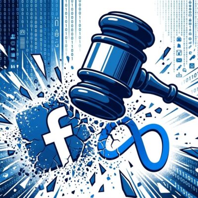 Court gavel striking Meta and Facebook logos with digital data streams, representing Cambridge Analytica verdict 2026