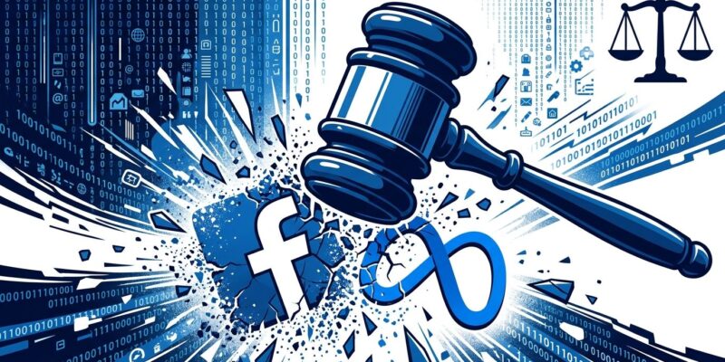 Court gavel striking Meta and Facebook logos with digital data streams, representing Cambridge Analytica verdict 2026