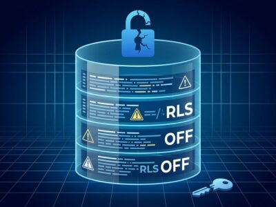 Glass database cylinder with cracked blue lock and warning triangles representing exposed Supabase databases with Row Level Security disabled