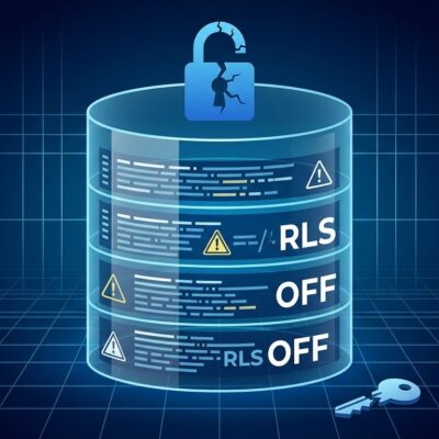 Glass database cylinder with cracked blue lock and warning triangles representing exposed Supabase databases with Row Level Security disabled