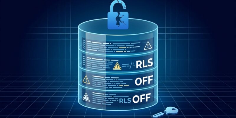 Glass database cylinder with cracked blue lock and warning triangles representing exposed Supabase databases with Row Level Security disabled