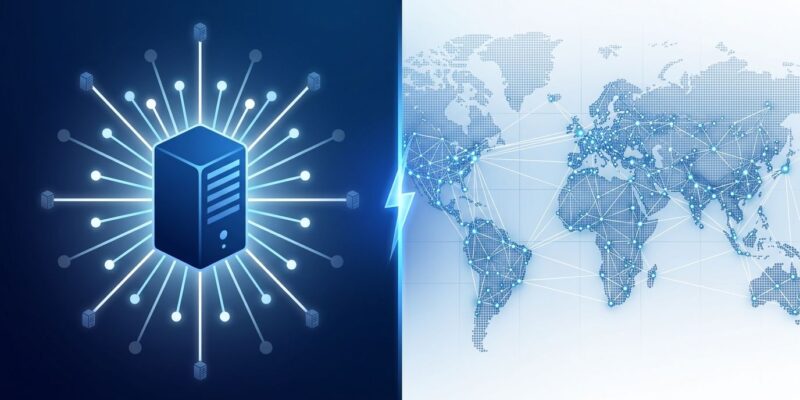 Split-screen illustration showing centralized cloud server vs distributed edge nodes representing Anthropic Akamai infrastructure deal