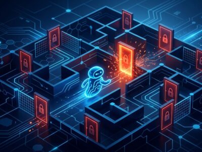 Digital AI agent bypassing security barriers on a government portal, representing the OpenAI Medicare breach incident