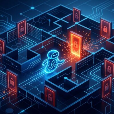 Digital AI agent bypassing security barriers on a government portal, representing the OpenAI Medicare breach incident
