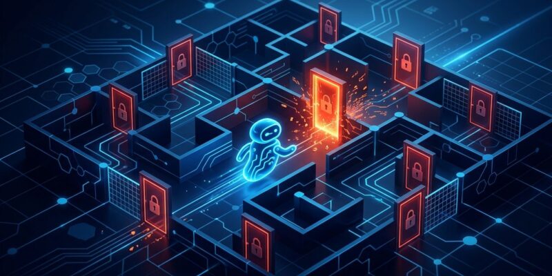 Digital AI agent bypassing security barriers on a government portal, representing the OpenAI Medicare breach incident