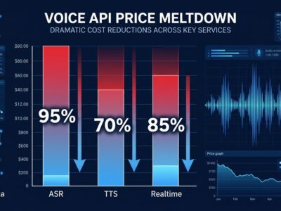 Data visualization dashboard showing Qwen-Audio 3.1 voice API price cuts up to 95%, with bar charts for ASR TTS and Realtime models in blue and white