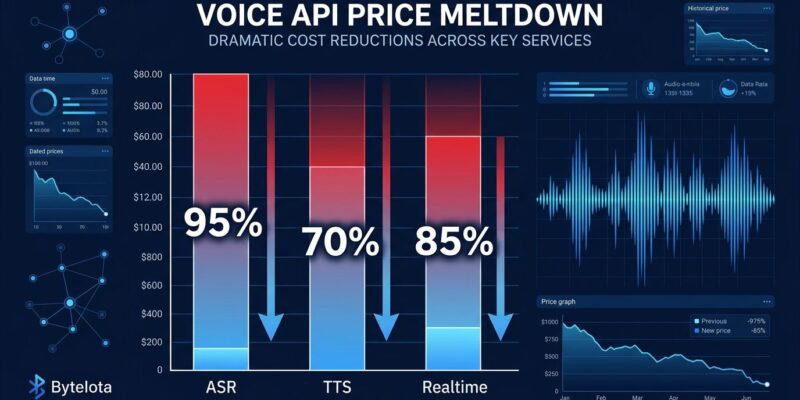 Data visualization dashboard showing Qwen-Audio 3.1 voice API price cuts up to 95%, with bar charts for ASR TTS and Realtime models in blue and white