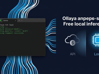 Ollaya terminal showing local decision model inference with blue data streams comparing local vs hosted API