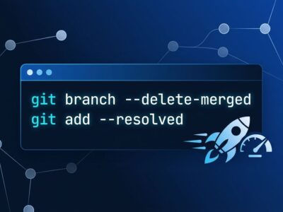 Git terminal showing git branch --delete-merged and git add --resolved commands with commit graph visualization representing Git 2.56 performance improvements