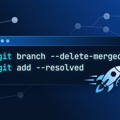 Git terminal showing git branch --delete-merged and git add --resolved commands with commit graph visualization representing Git 2.56 performance improvements