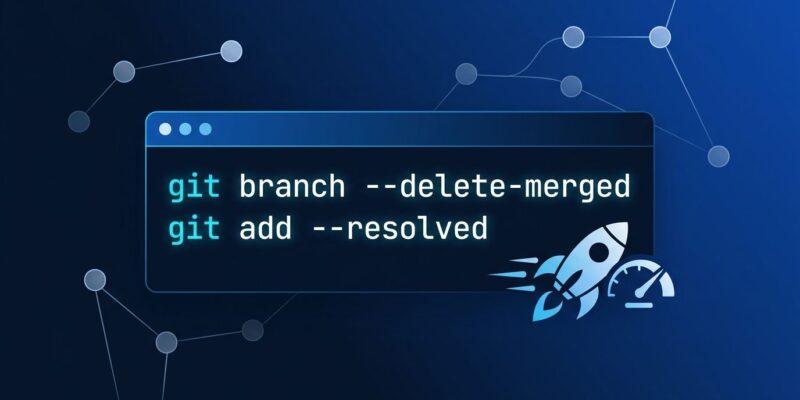 Git terminal showing git branch --delete-merged and git add --resolved commands with commit graph visualization representing Git 2.56 performance improvements