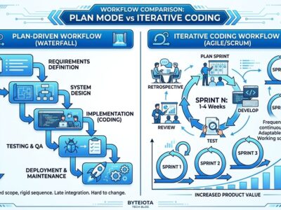 Split-screen illustration comparing plan mode spec document versus iterative code diff review workflow for AI coding agents