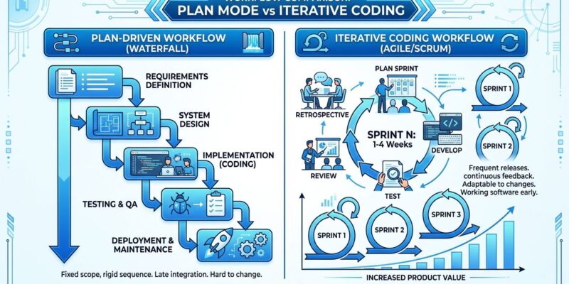 Split-screen illustration comparing plan mode spec document versus iterative code diff review workflow for AI coding agents