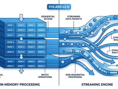 Split-screen illustration showing Polars 2.0 streaming engine data flow versus in-memory ordered blocks