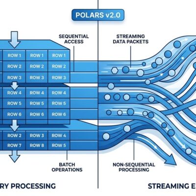 Split-screen illustration showing Polars 2.0 streaming engine data flow versus in-memory ordered blocks