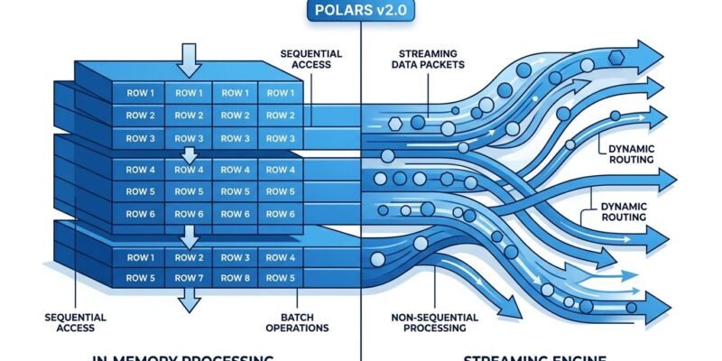 Split-screen illustration showing Polars 2.0 streaming engine data flow versus in-memory ordered blocks