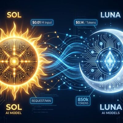 GPT-6 Sol and Luna model visualization showing pricing and API features on dark blue background