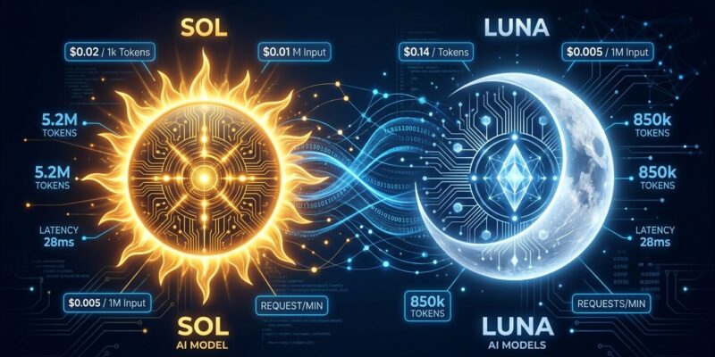 GPT-6 Sol and Luna model visualization showing pricing and API features on dark blue background