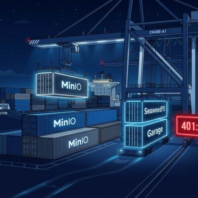 MinIO containers removed from Docker Hub with 401 unauthorized warning, SeaweedFS replacement shown