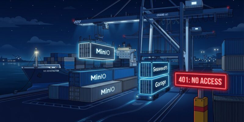 MinIO containers removed from Docker Hub with 401 unauthorized warning, SeaweedFS replacement shown