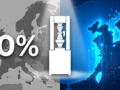 ASML EUV machine silhouette between gray Europe and glowing Asian chip manufacturing hubs, representing zero European chip sales in 2026