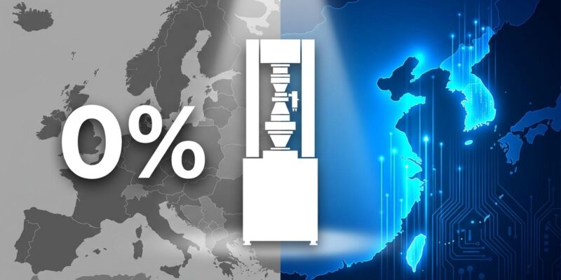 ASML EUV machine silhouette between gray Europe and glowing Asian chip manufacturing hubs, representing zero European chip sales in 2026