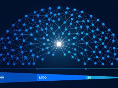 Network of 950 Claude AI agents visualized as interconnected blue nodes representing the multi-agent pipeline that discovered the ART enzyme system