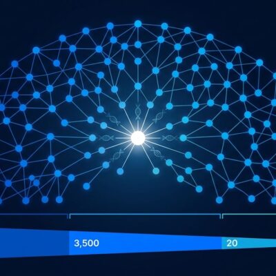 Network of 950 Claude AI agents visualized as interconnected blue nodes representing the multi-agent pipeline that discovered the ART enzyme system