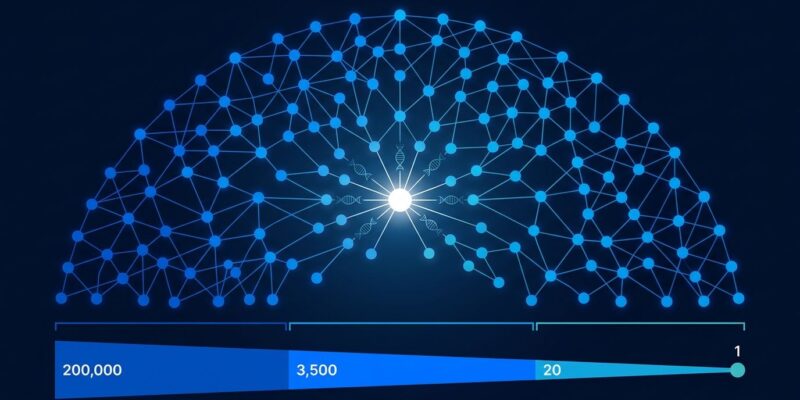 Network of 950 Claude AI agents visualized as interconnected blue nodes representing the multi-agent pipeline that discovered the ART enzyme system